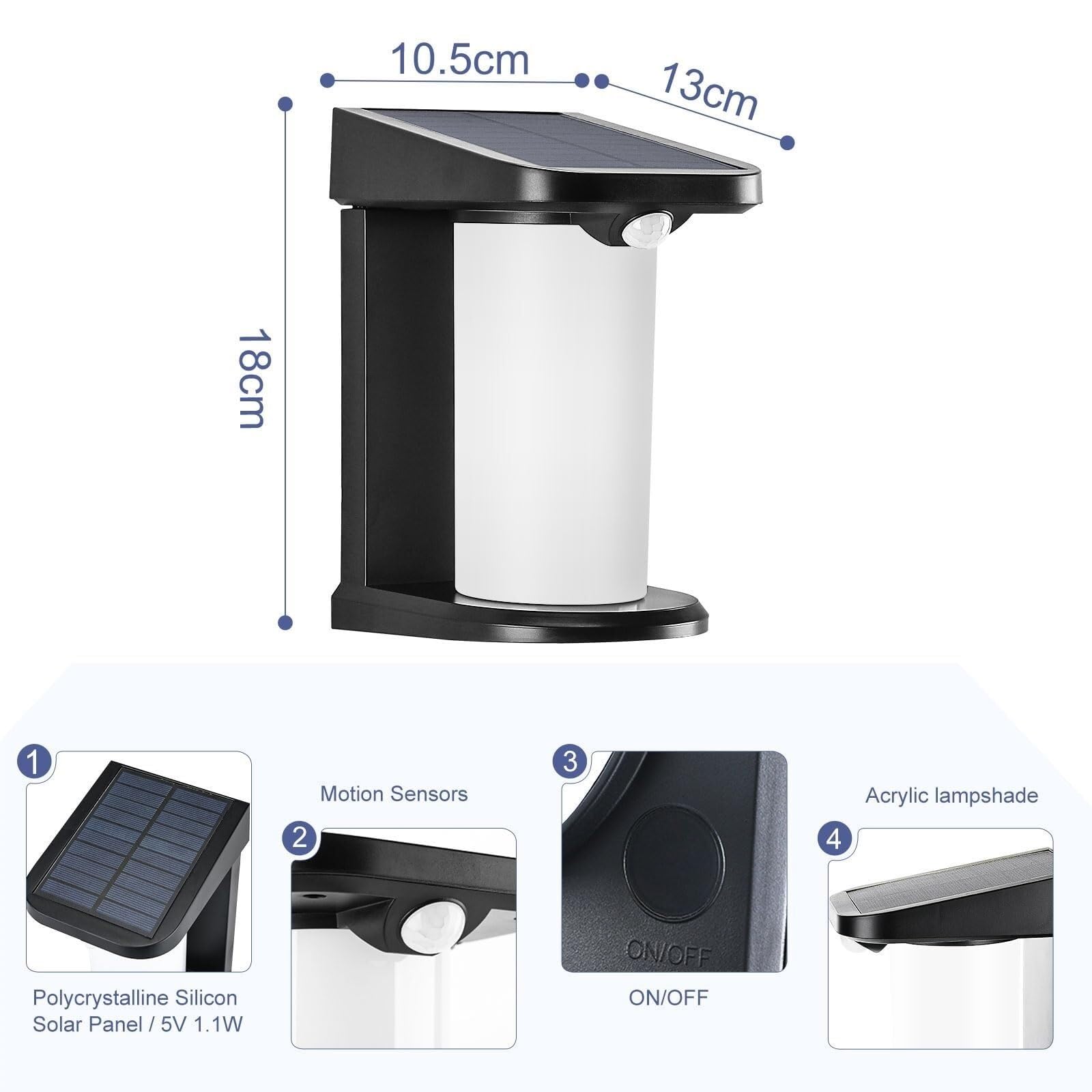 Luces Solares para Exterior, Aplique Solar De Pared For Exteriores Con Sensor Movimiento, 2 Modos Iluminación Camino, Patio, Césped