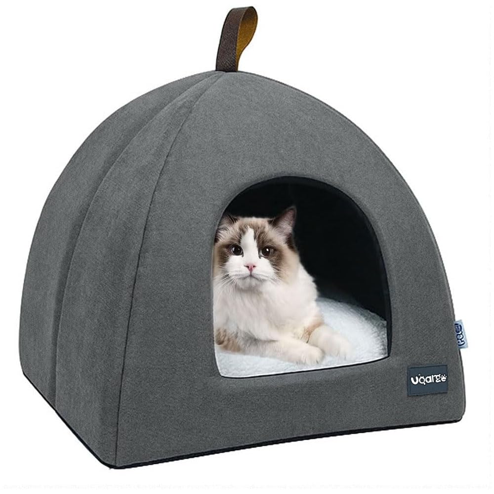 Voarge Cama Gato Cueva, Cueva Suave Gato, Suave Felpa Cálida Camas para Gatos, Nido de Gato con Cojín Interior Extraíble y Lavable (Gris, Small)