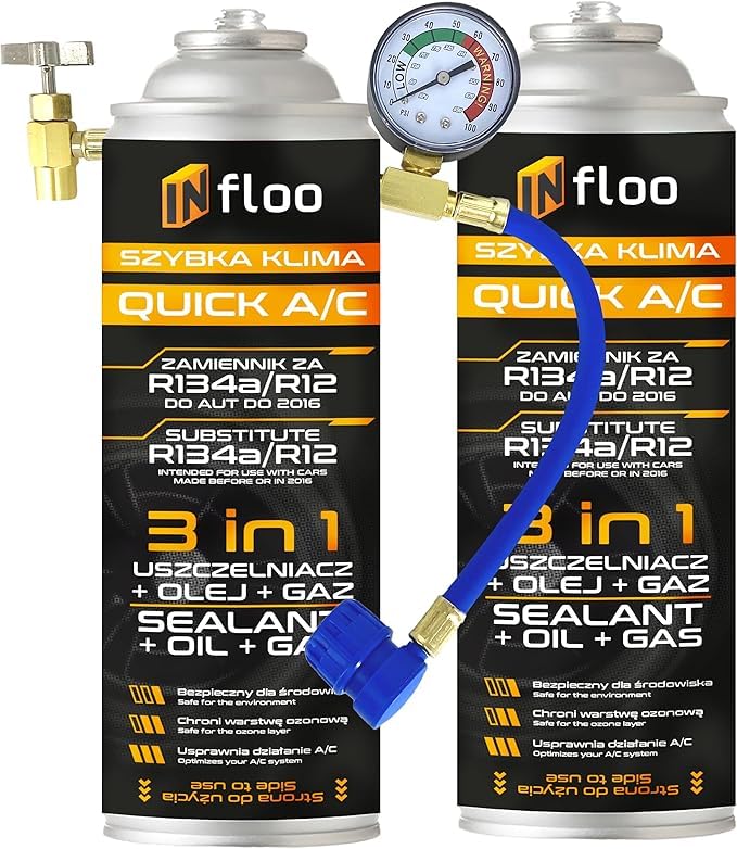 INfloo Quick A/C 2 × R134a Réfrigérant 3 en 1 + Huile + Mastic + Tuyau de remplissage avec manomètre + Gants | Pour véhicules jusqu'à 2016 | Remplacement pour R134a