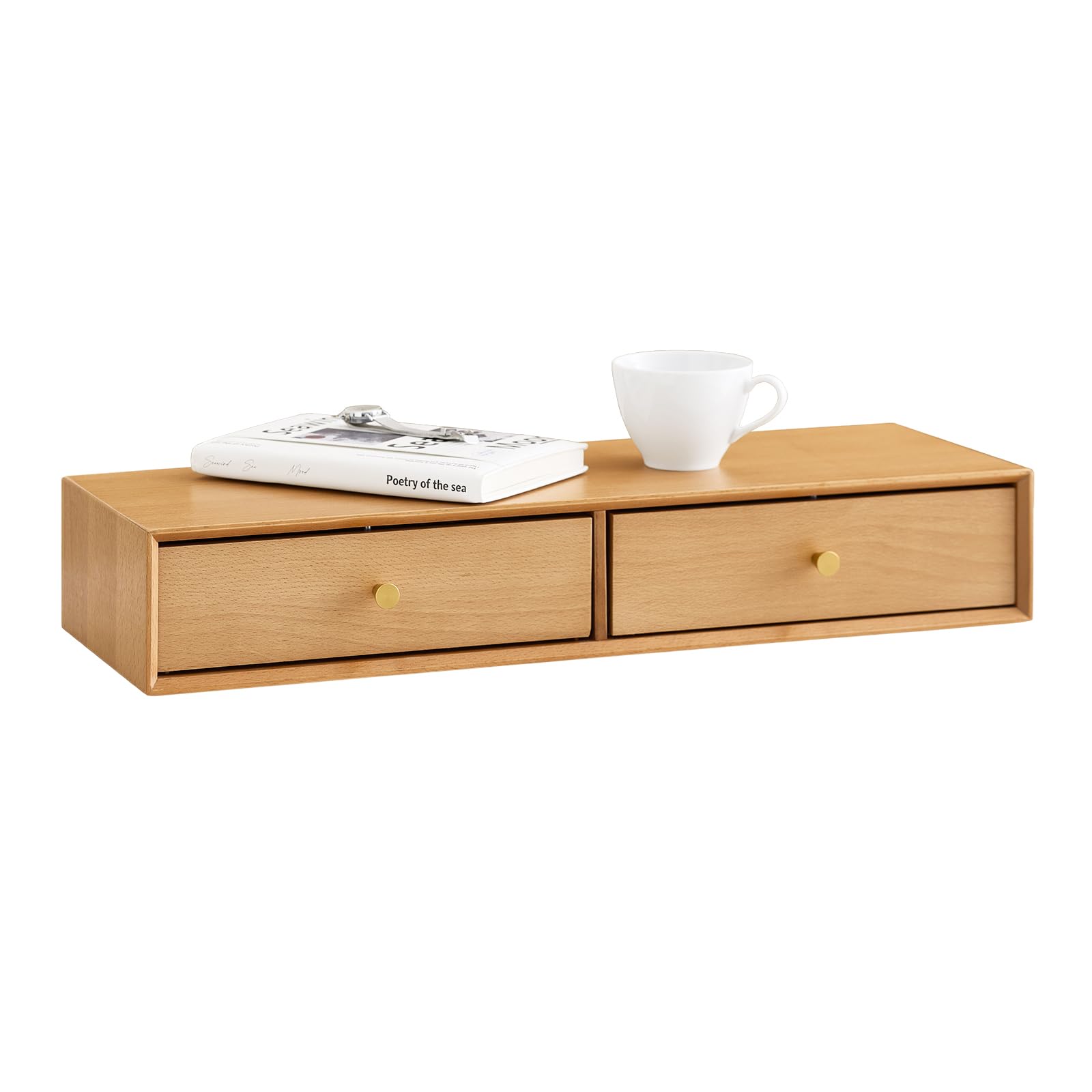 SoBuy Floating Shelf with 2 Drawers, Wall Shelf for Bedroom, Entryway & Living Room, Solid Beech Wood, W60 x D20 x H10cm, Natural, FHK37-N