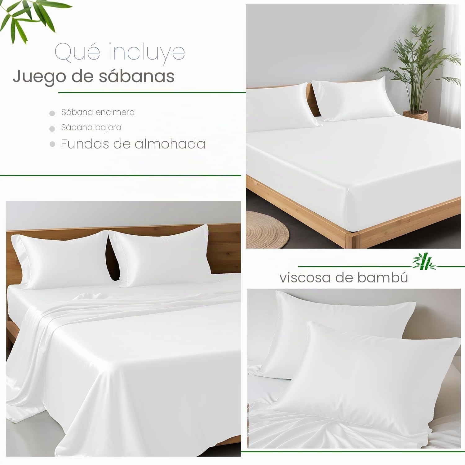 LINENWALAS Juego de ropa de cama de bambú de 4 piezas, sábanas refrescantes de seda vegana con 1 sábana bajera, 1 sábana encimera y 2 fundas de almohada (doble, blanco)