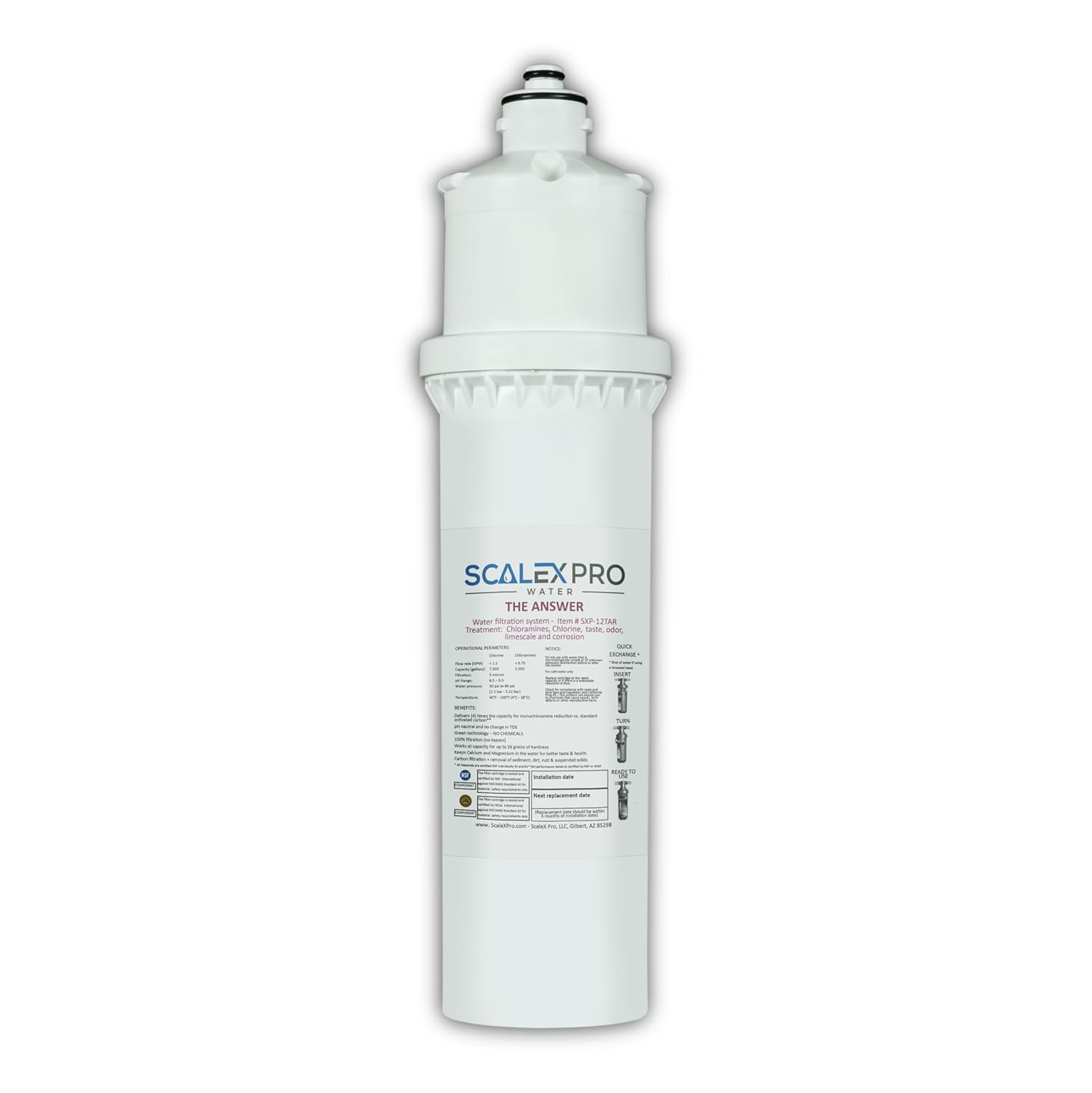 The Answer 12” Hard Water Scale Prevention Filter – Salt-Free NAC Technology Stops & Removes Scale Up to 26 Grains, Removes Chlorine & Other Common Municipal Water Chemicals, 7500 Gallons