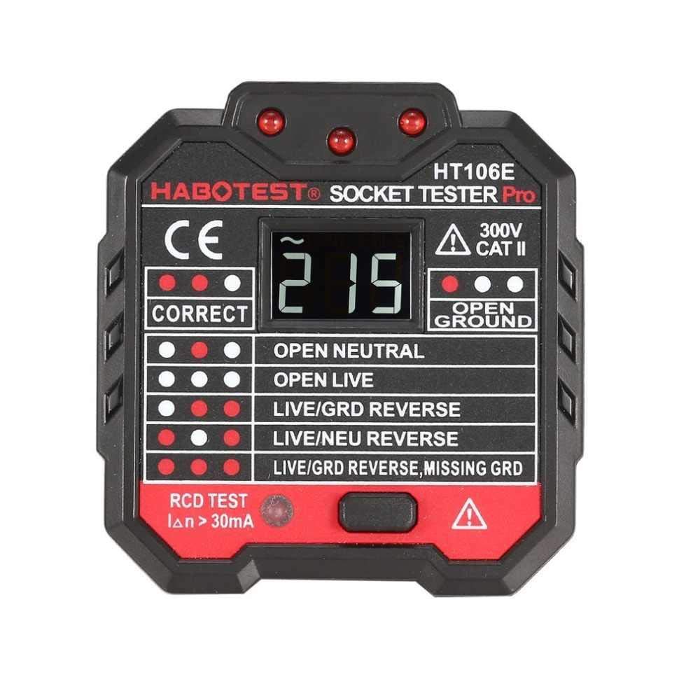 HABOTEST HT106B Voltage Tester with LED indicators and RCD test button, alongside its user manual.