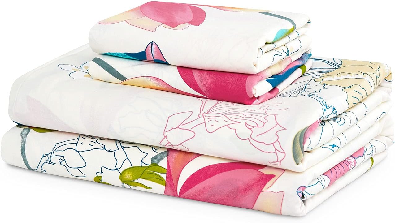 Wake In Cloud - Floral Bed Sheets, 100% Cotton, 4-Piece Sheet Set, Bird Patterned Printed Botanical Boho Flower Aesthetic Bedding, Deep Pocket, Pink Beige, Full Size