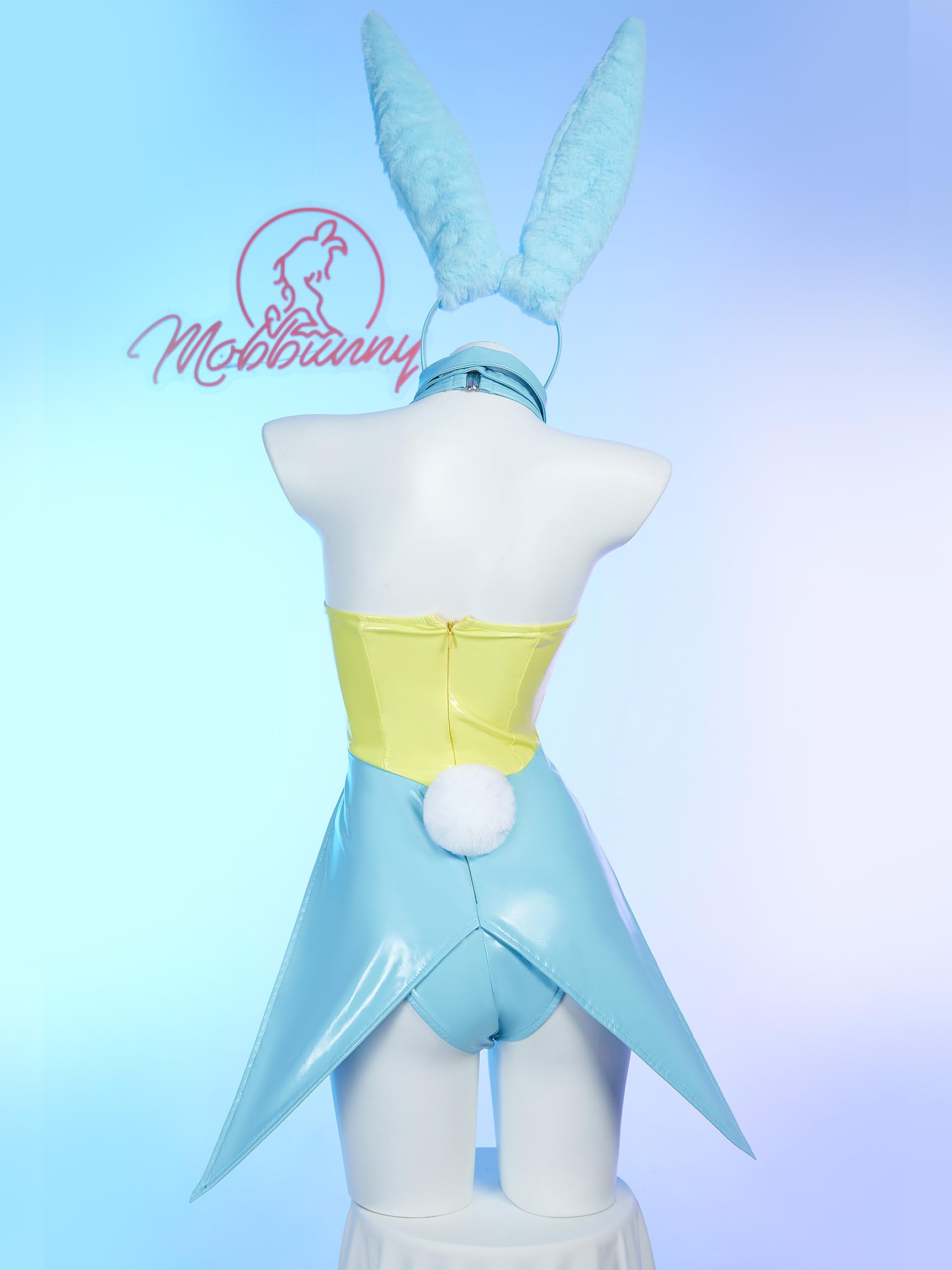 Mobbunny Women's Bunny Costume Easter Bunny Girl Bodysuit Rabbit One-Piece Jumpsuit Lingerie Set with Headband: Blue X-Large