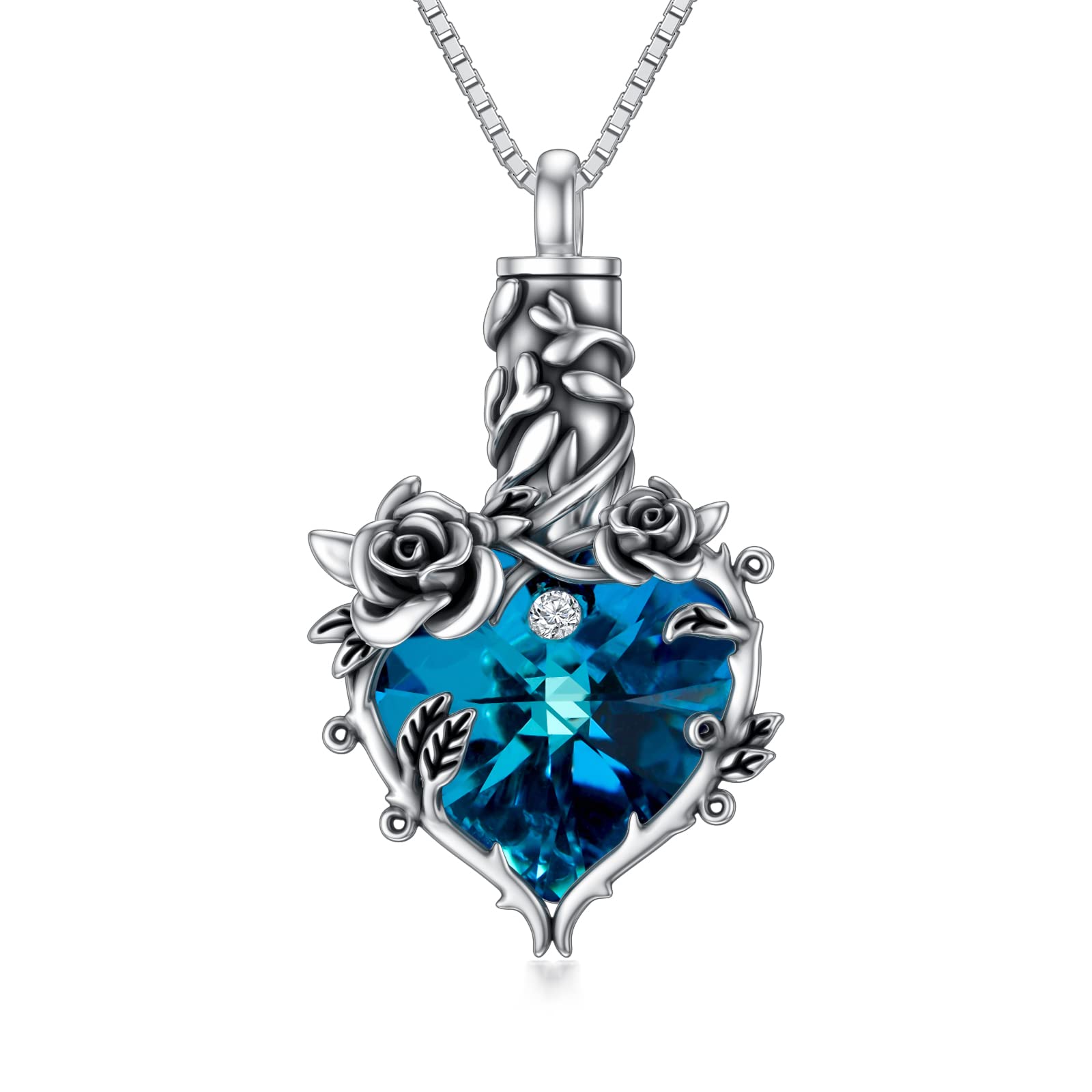 TOUPOP Rose Cremation Necklace Jewelry Urn Necklace for Ashes with Heart Crystal 925 Sterling Silver Cremation Necklace for Ashes Memorial Gift for