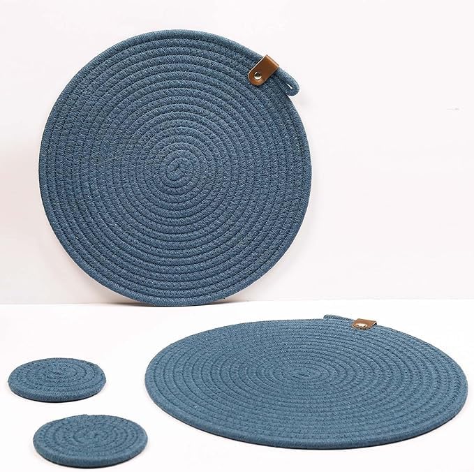 Image of Cotton Rope Placemat Set with Coasters and Holder 6 Pieces Round Woven Table | Mats Natural Beige Heat Resistant | Dining Table Decor | Durable Washable Kitchen Accessories (Royal Blue)