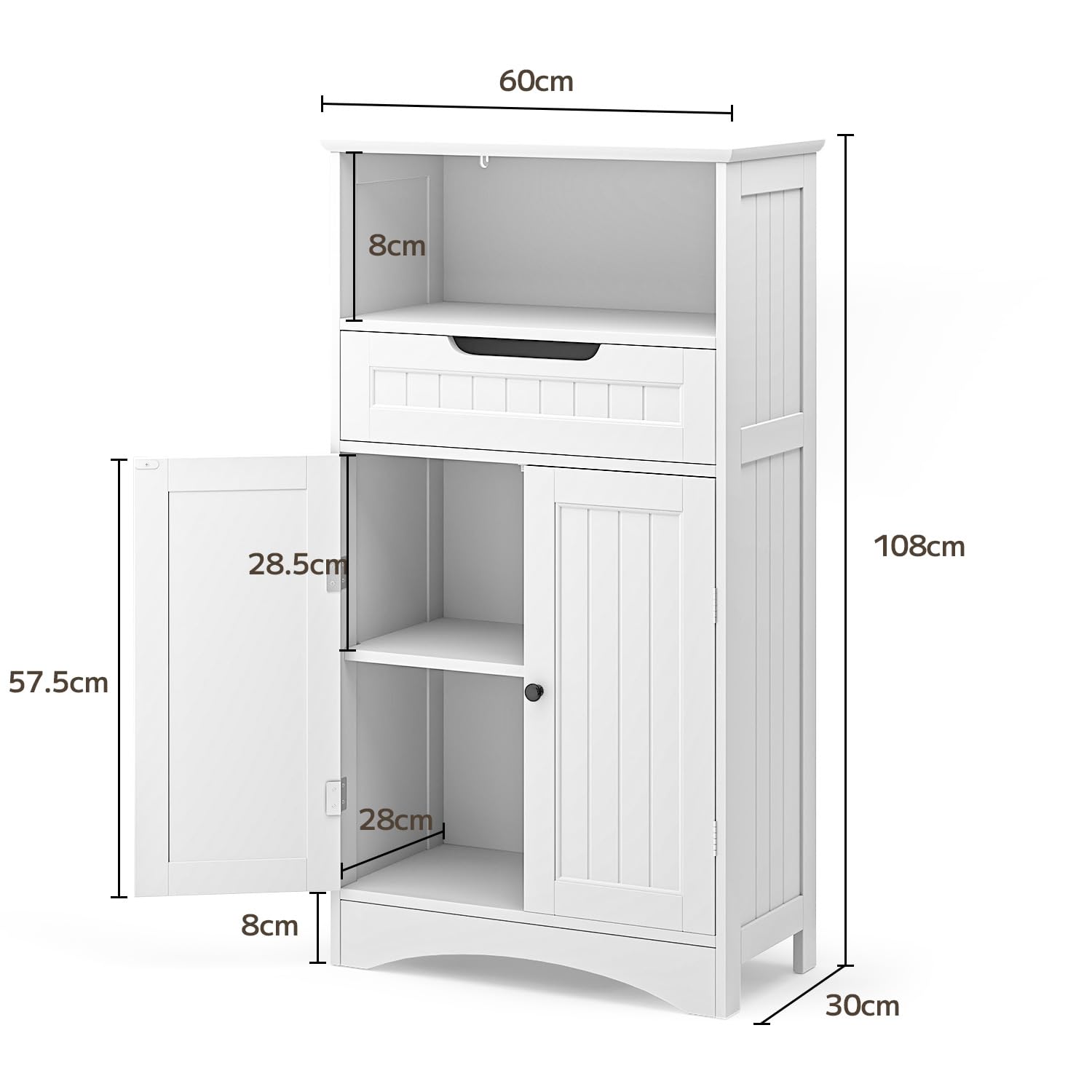 Mueble de baño, Mueble de baño con 1 Estante Abierto, 1 cajón y 1 Estante Ajustable, para baño, salón, Comedor, 60 x 30 x 170 cm (Blanco)