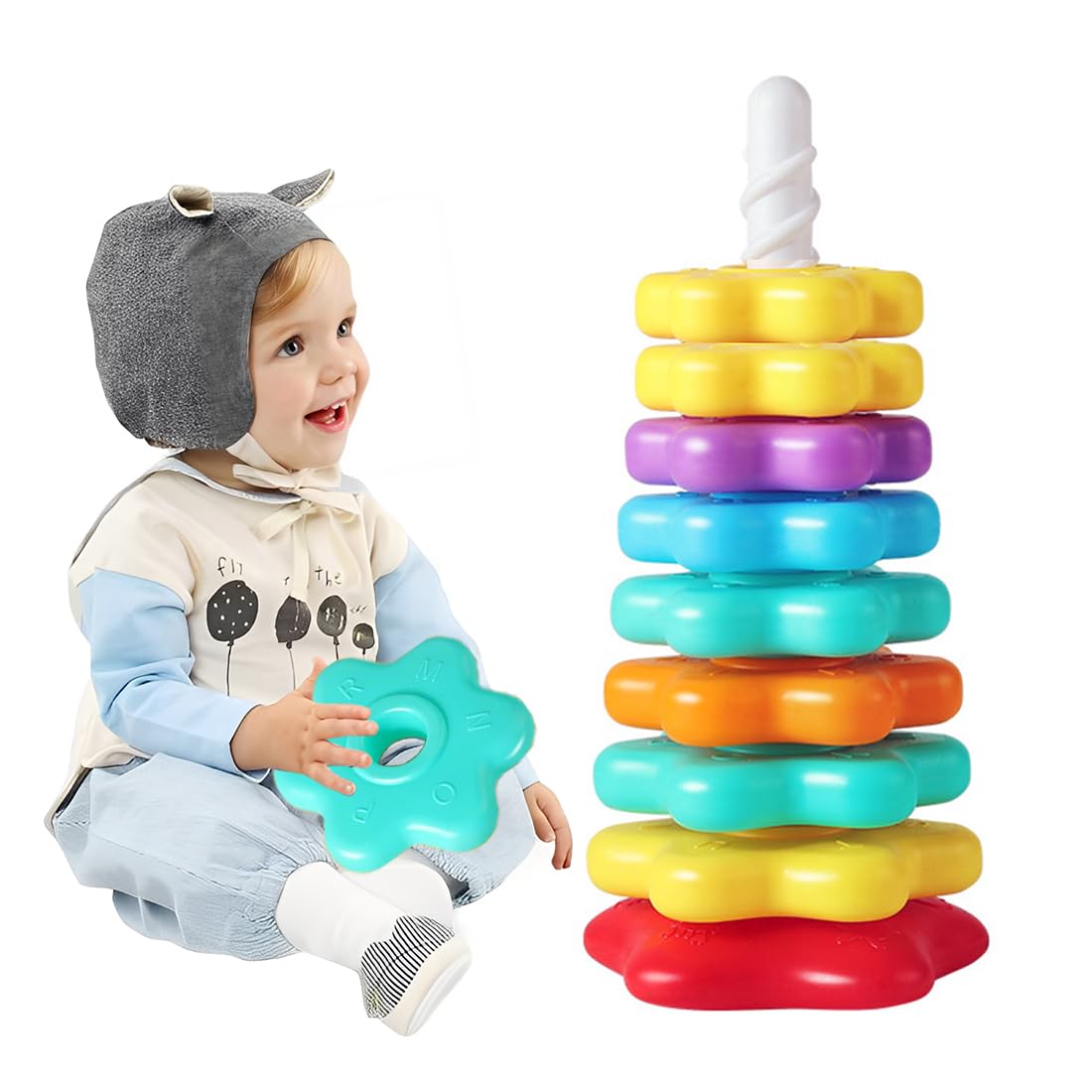 KEWUF Aros Apilables, Apilables Bebe, Apilador Multicolor, Vasos Apilables Bebe, Juguete Infantil, Aros Giratorios Apilables Rainbow, Juguetes para Apilar y Encajar (9 Niveles, 13 x 13 x 28,5 cm)