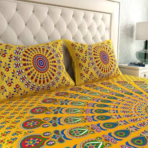 Image of La Verne Combo Pack of 2 Double Bedsheet with 4 Pillow Covers | Cotton Double Flat 104 TC Jaipuri Prints Bedsheet 240 X 220 CM (Blue, Yellow)