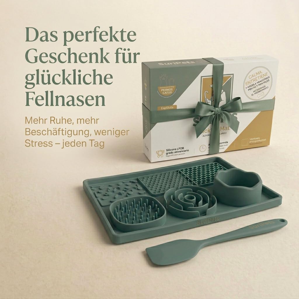 Schleckmatte Hund & Katze mit Napf – LFGB Silikon Lick Mat mit Saugnäpfen – Slow Feeder gegen Schlingen, Stress & Langeweile – inkl. Spatel – BPA frei & spülmaschinenfest