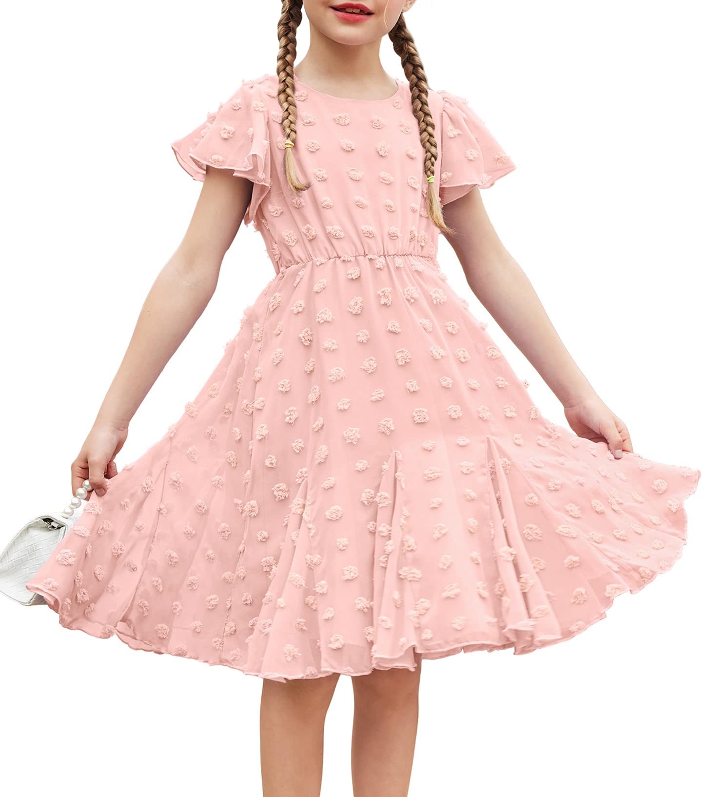 Arshiner Girls Girly Dress Swiss Dot Ruffle Short Sleeve Twirly Cute Dresses for 5-12 Years Old
