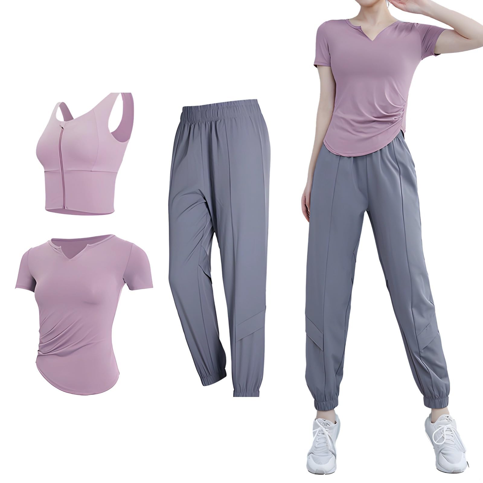Conjunto de entrenamiento de 3 piezas para mujer, brasier deportivo, camiseta de manga corta y pantalones largos, ideal para yoga y gimnasio, tela de poliéster de elastano transpirable, diseño