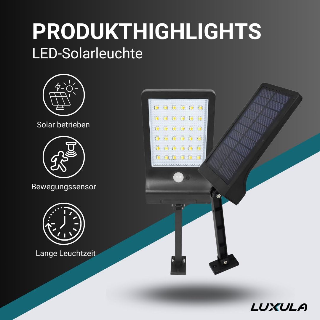 LUXULA Solar Wandleuchte für außen 4 Stück, Solarlampe Wand mit Bewegungsmelder, Solar Außenleuchte 300lm, 6500K kaltweiß, IP44, 120° Licht, bis 8h, Wandmontage, Außenlampe Schwarz für Garten