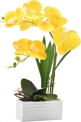 Vista 15 de Flores artificiales de orquídea de tacto real en maceta, flor falsa de Phalaenopsis con jarrón de cerámica blanca, arreglo de orquídeas sintéticas