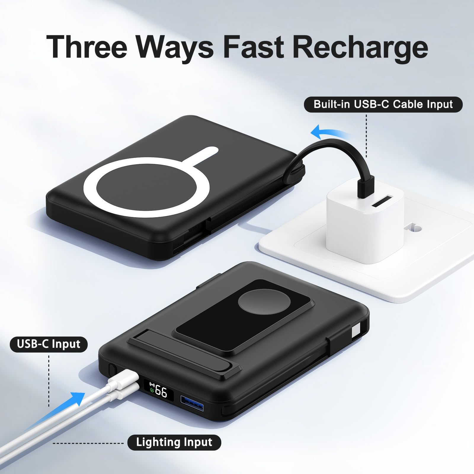 for Batterie Externe Iphone, 10000mAh Power Bank Magnétique Compatible avec MagSafe, Charge Rapide PD 20W avec 2 Câble et Support et Affichage LED, for iPhone 17-12 et Apple Watch Series(Noir)