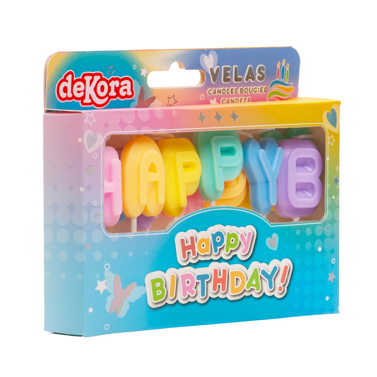 dekora - Świeczki Urodzinowe Happy Birthday 8 cm na Tort | Kolorowe litery Happy Birthday z uchwytami, Dekoracja tortu odpowiednia do kontaktu z żywnością