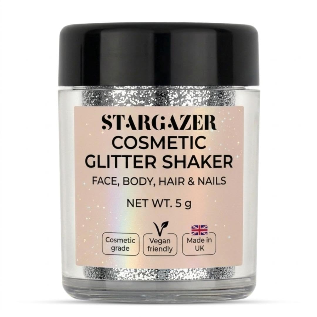Stargazer Silver Body Glitter Shaker - Fine Sparkle for Face, Body, Eyes, Hair & Nails - Festival & Party Makeup - Cruelty-Free