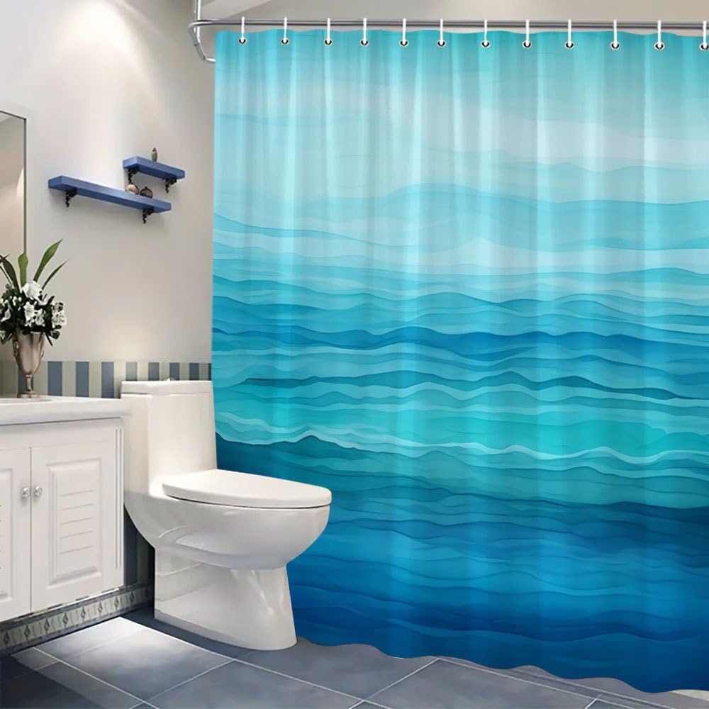 Hnbfkd Shower Curtain Serene Ocean - Blue & Teal Gradient Seascape Design, With 12 Hooks, For Tranquil Home Bathroom Decor 200X210cm/(Wxh)
