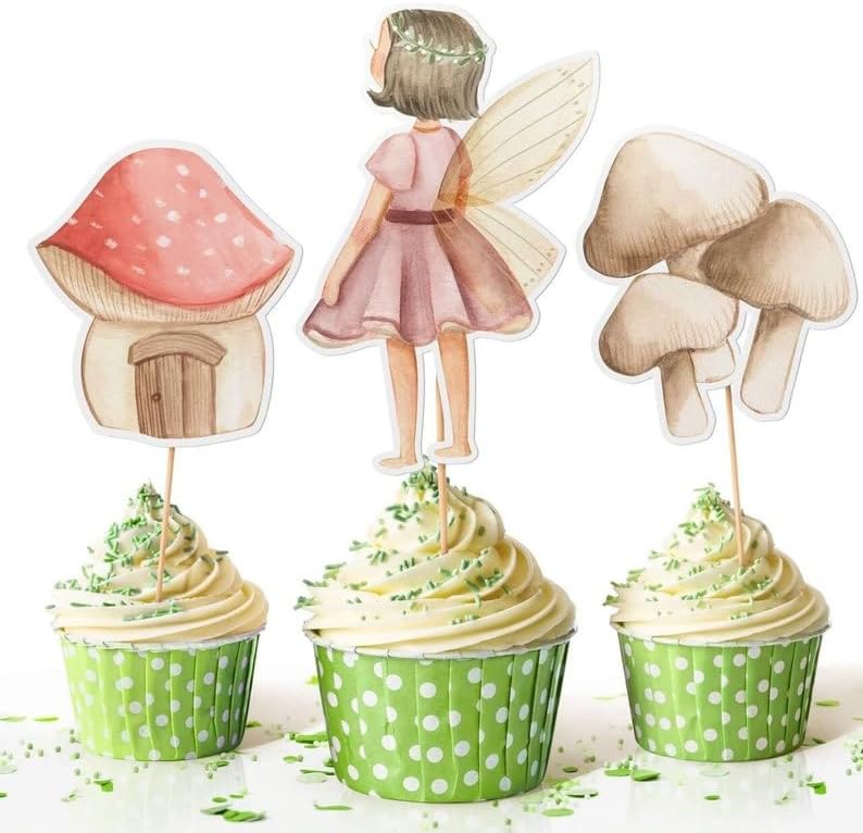 Decoración para cupcakes de hadas, 10 unidades, suministros de fiesta de cumpleaños de Woodland Pixie con diseños de hongos, mariposas, mariquitas,