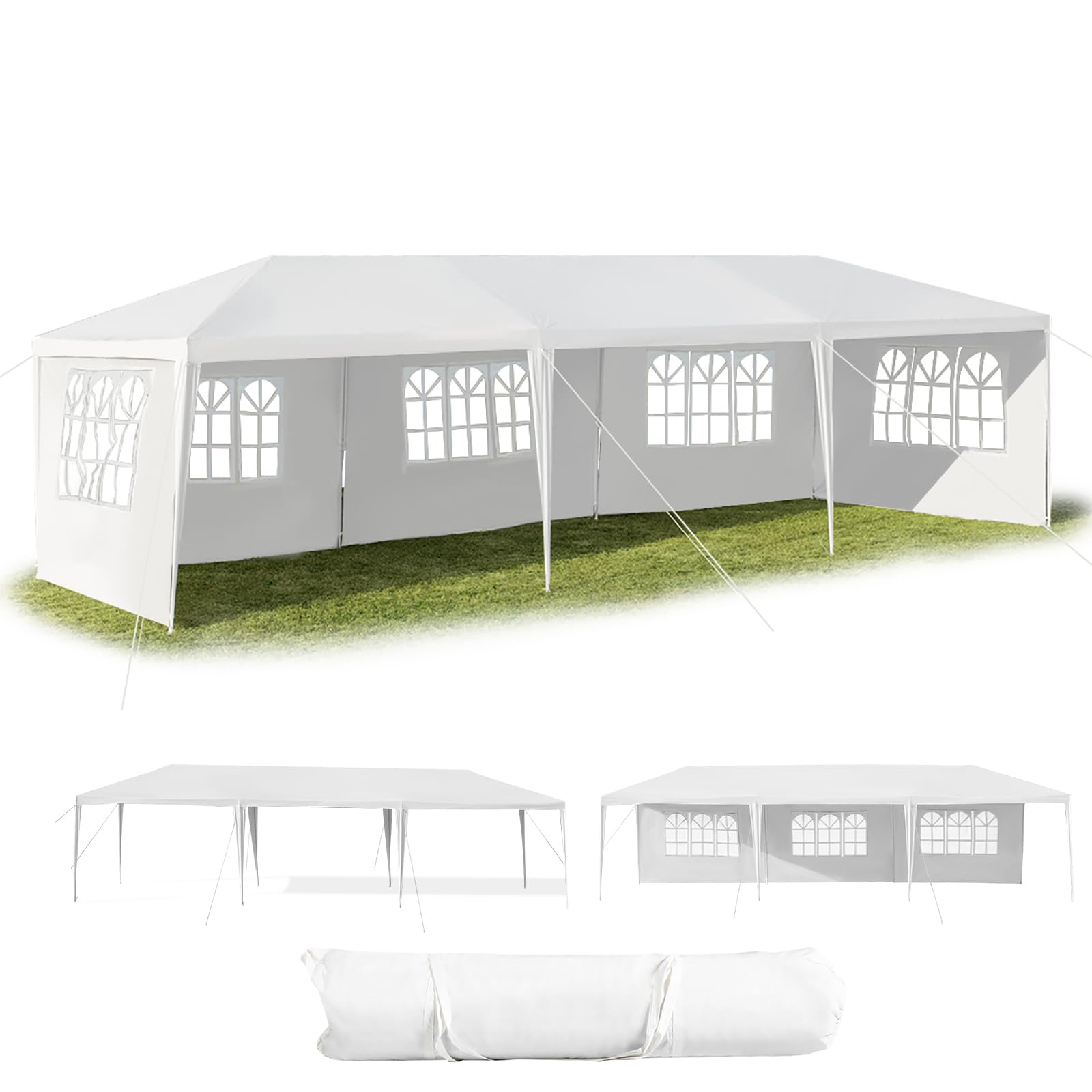 KOMFOTTEU Carpa Plegable 3 x 9 m, Cenador de Jardín con 5 Paredes Laterales Extraíbles y Ventanas, Carpa para Fiesta con Protección UV, Tienda Portátil para Eventos, Bodas, Blanco (3 x 9 m, 5 Paredes)