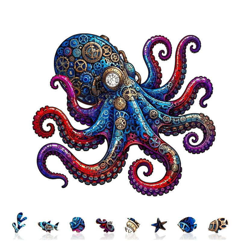 Jigfoxy Wooden Puzzles for Adults, Steampunk Octopus Jigsaw Puzzle