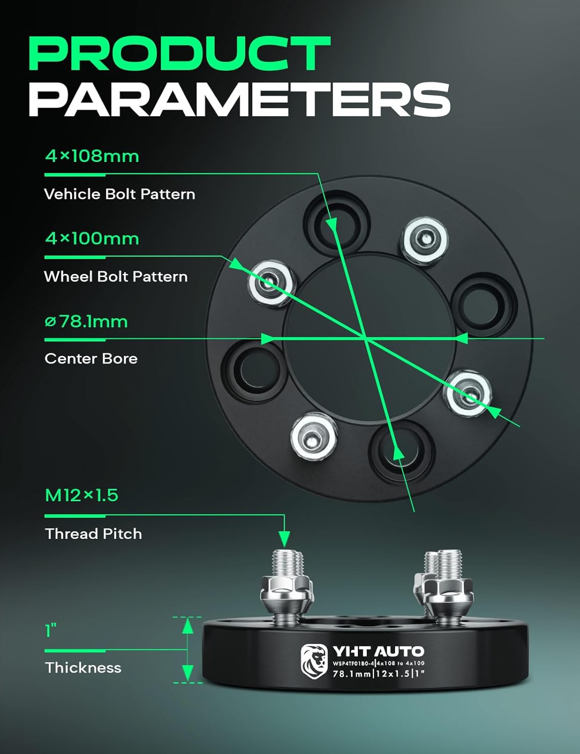YHTAUTO 4x108 to 4x100 mm Wheel Adapters 1 inch Fits Ford, Mercury Models, Focus, EcoSport, Fiesta, Cougar, Tire Adapters w/ M12x1.5 & 12.9 Grade Studs, 78.1 mm Center Bore 4 Lug 4PCS