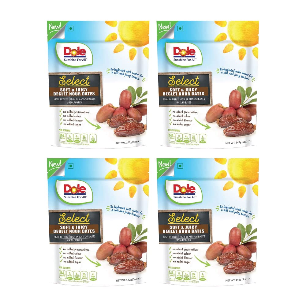 Select Premium Organic Handpicked Seedless Dates | Soft Dried Healthy Snack | Soft & Juicy texture | Zero Added Sugar & Preservatives | Sourced from Mediterranean | Travel Friendly Pack|(4 Packs of 142g)