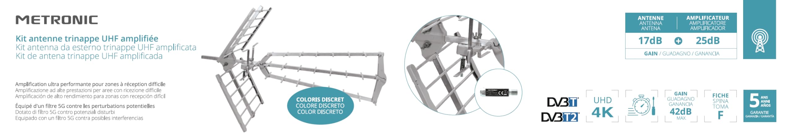 METRONIC 415060 Antenna esterna UHF trinappe amplificata 42 dB