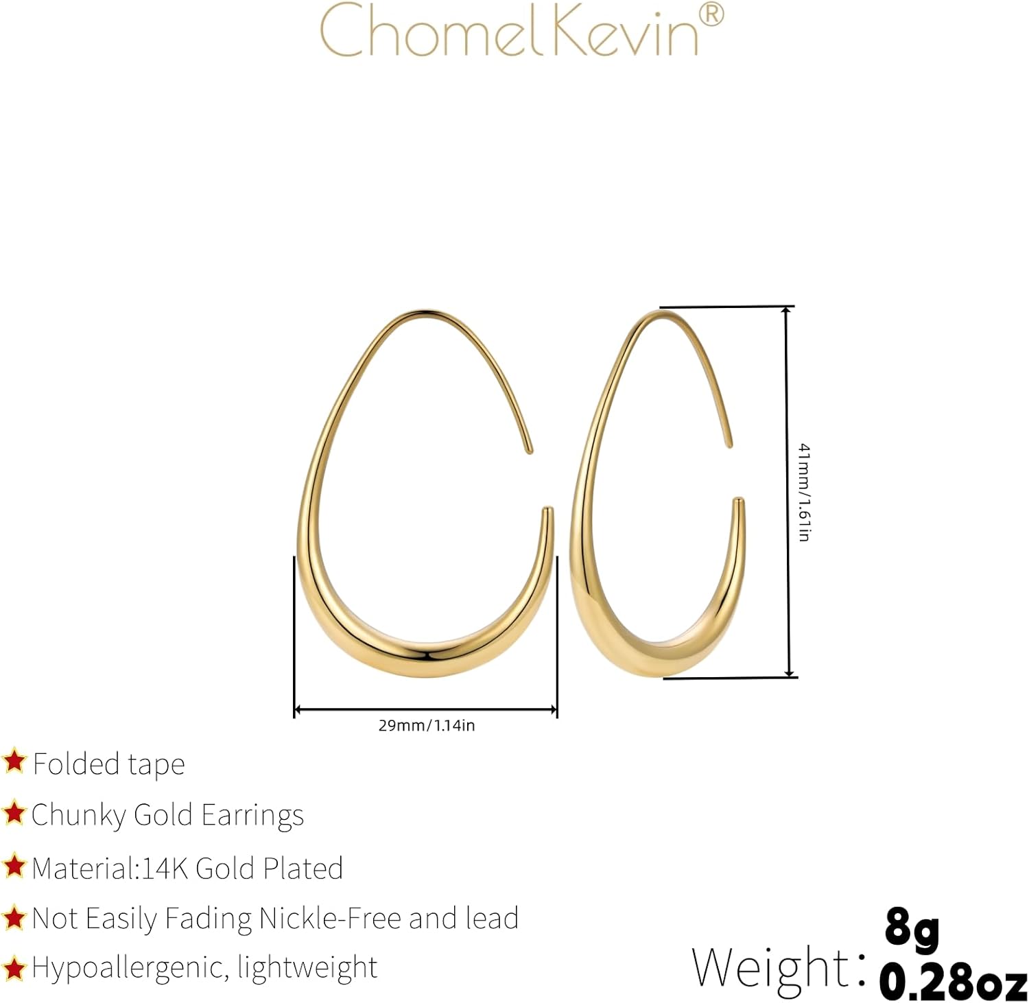 14k Gold/White Gold Plated Lightweight Teardrop Hoop Earrings for Women Large Oval Pull Through Hoop Earrings High Polished Statement Jewelry Gift for Women - Image 4