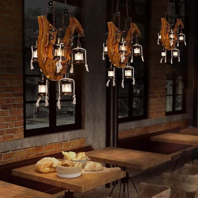 JINWELL Houten vintage hanglamp retro houten hanglamp metaal 6 lampen E27 Edison lamp industriële hanglamp rustiek in hoogte verstelbaar hanglamp plafondlamp eetkamer loft woonkamer kroonluchter, C photo 3