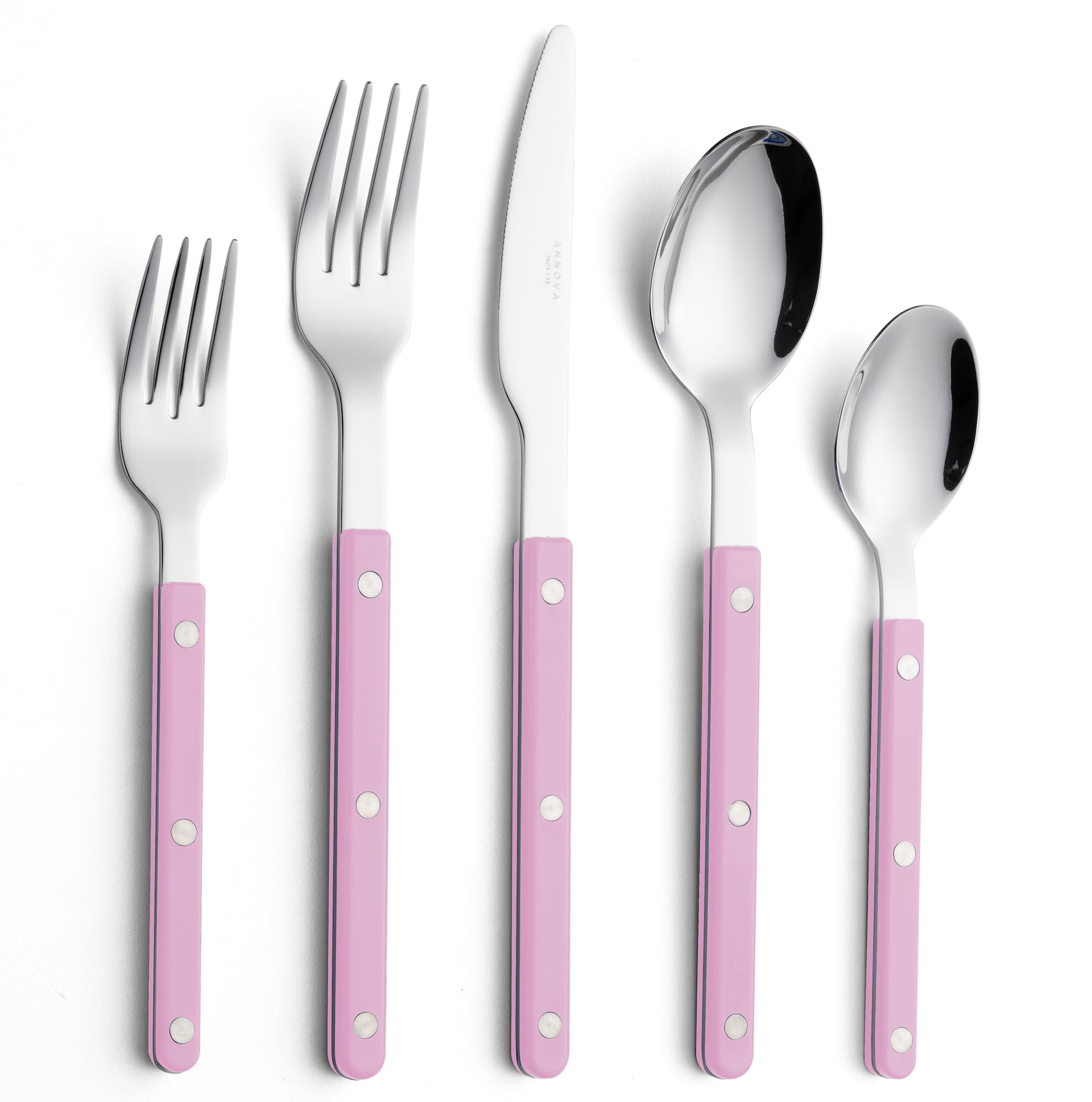 ANNOVA Silverware Set, Retro/Rivet Colorful Stainless Steel Tableware Kitchen Flatware Set Utensils, Includes Dinner Knives, Forks, Spoons, Salad Forks & Dessert Spoons (Light Pink, 10 Pieces)