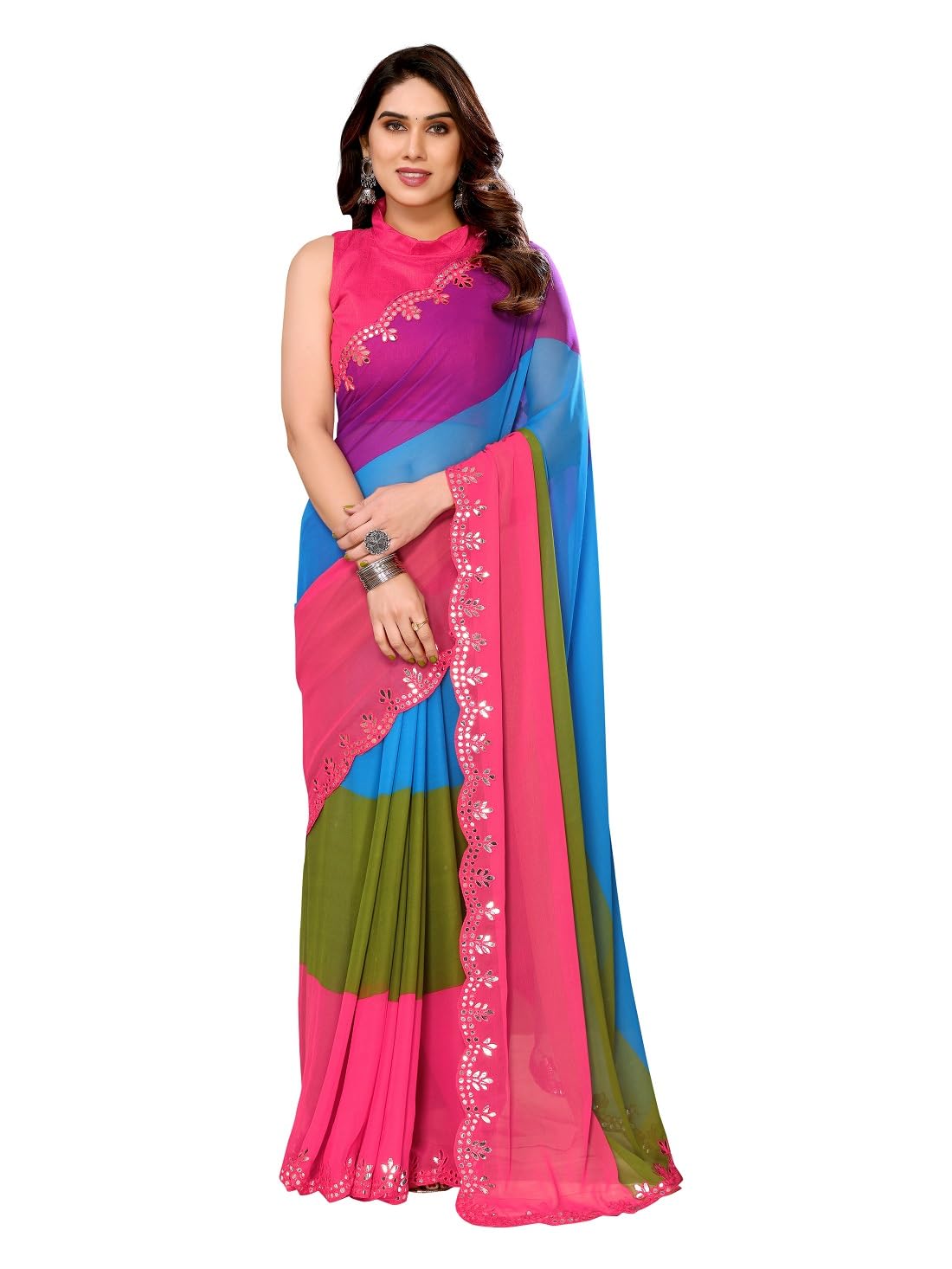 RAJESHWAR FASHION WITH RFGeorgette Fancy Printed Sarees For Women With Mirror Sequence Embroidered Work Lace Border & Solid Unstitched Blouse Piece(Simran)