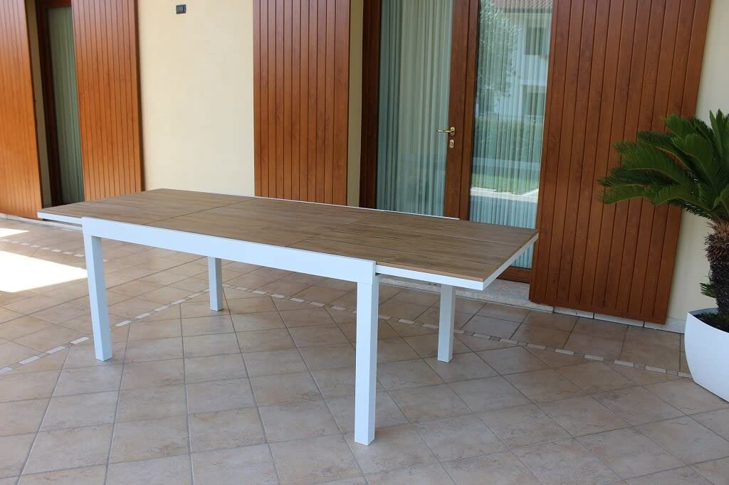 Tavolo Rettangolare Allungabile in Alluminio Bianco E Polywood Marrone 200/300 X 100 da Esterno Giardino, per Ristorante