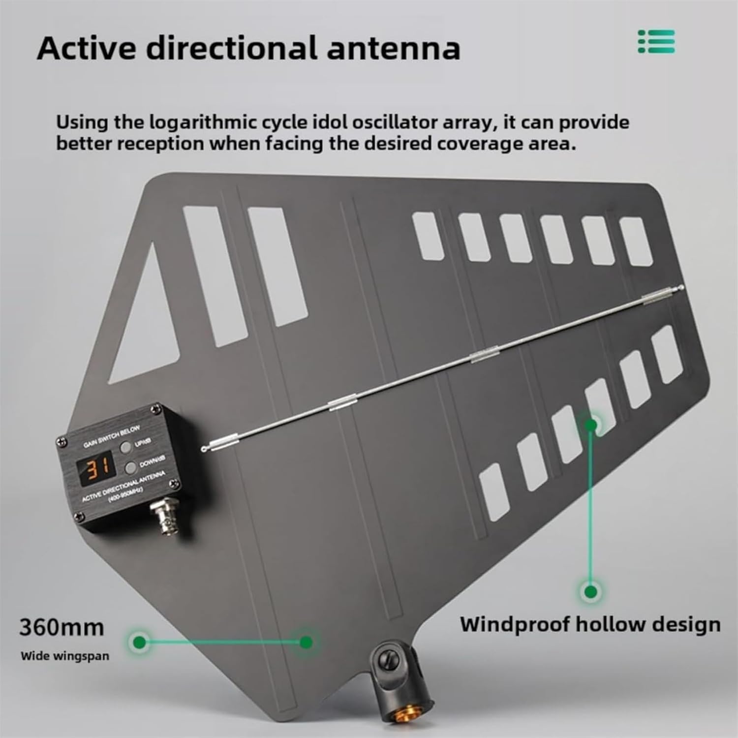 Amplificatore di segnale microfono wireless, antenna direzionale attiva, 8 uscite + 2 porte a cascata, gamma di frequenza 400-950 MHz, copre una distanza di segnale di 1000 m