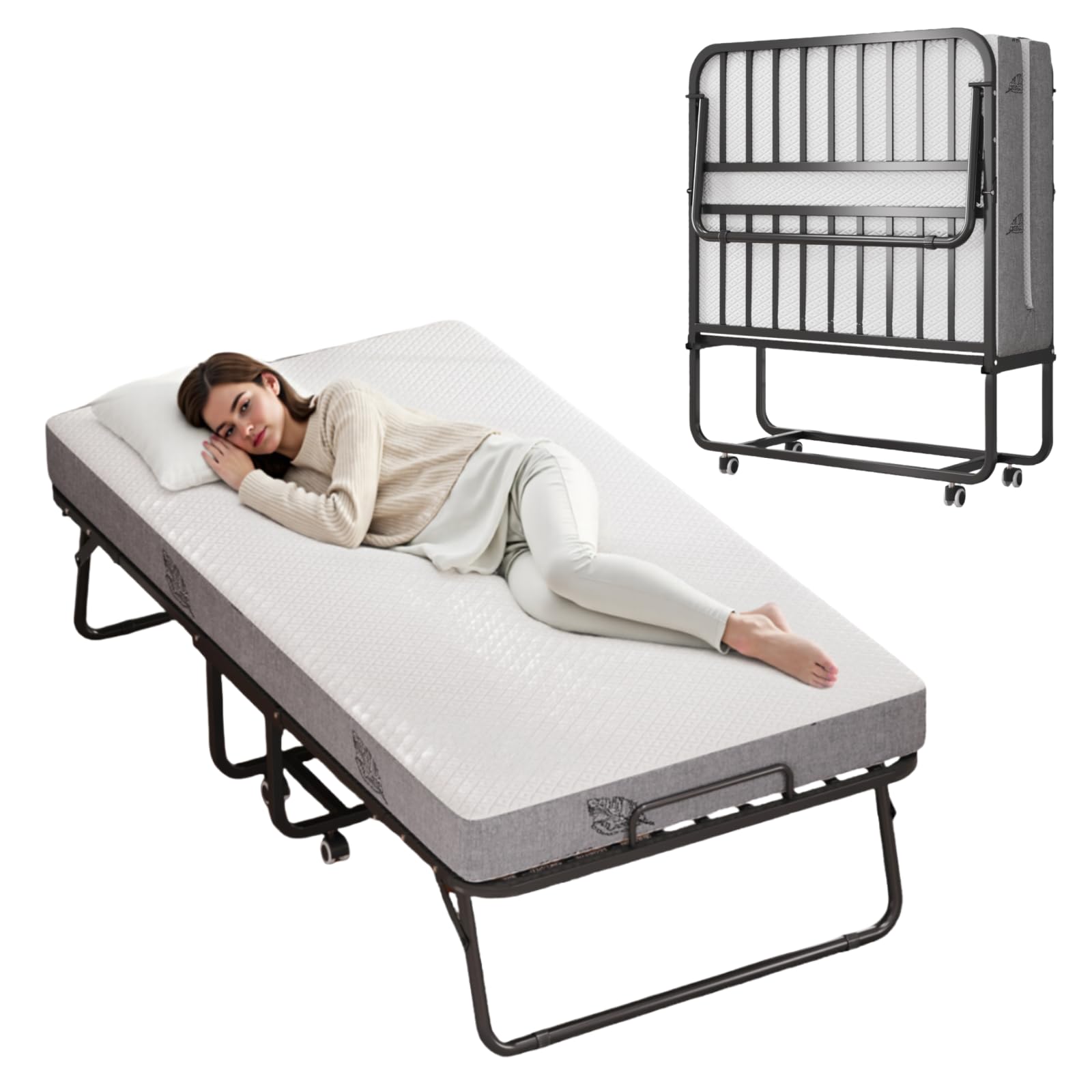 RAOGIE Full Size 75"x46" Folding Bed with Mattress for Adult - Extra Large and Extra Wide Folding Bed for Comfortable Sleep in a Spacious Space (75"×