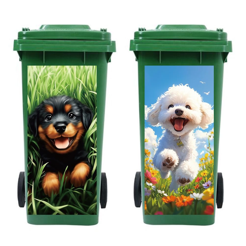 Peacoblue Wheelie Bin Stickers 2 Sheets Cartoon Puppies Sticky Dustbin Stickers Decals, 15in x 32in Waterproof Self Adhesive Large Wraps for Bins, Fridge, Wall Outdoor Indoor, Home Decoration