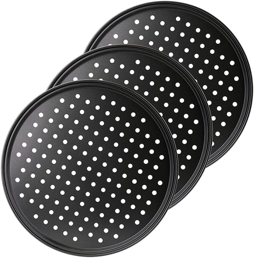 3 Pack Pizza Pan with Holes Round Non-Stick Crisper Carbon Steel Perforated Tray for Home Kitchen Oven