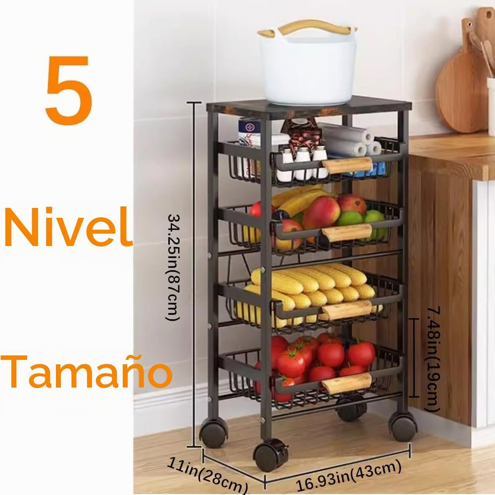 Cesta de alambre de metal de 5 niveles, cesta de almacenamiento apilable para cocina, salón, dormitorio, baño, soporte gratuito para verduras y frutas con cajones extraíbles