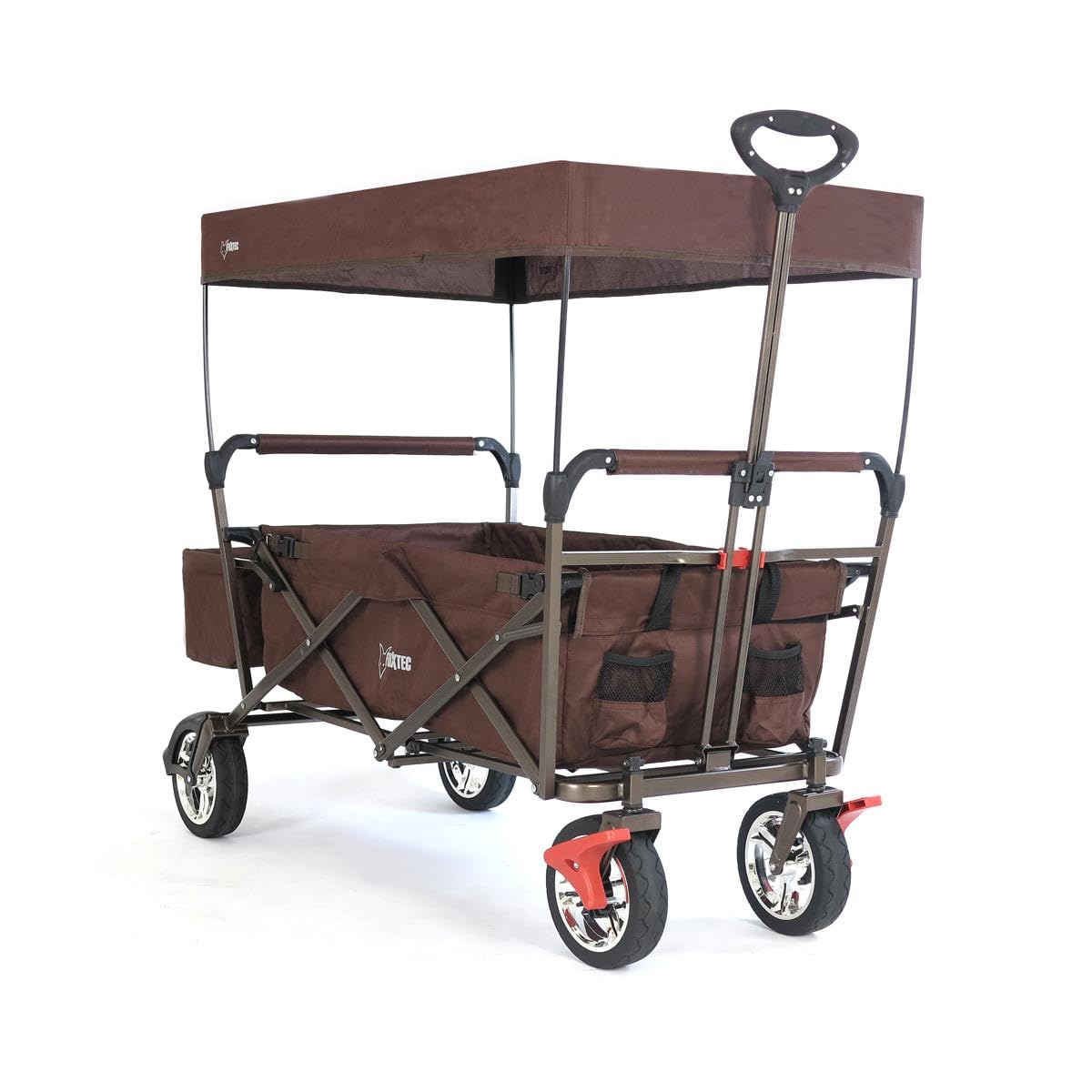 Fuxtec Brown Ct500 Folding Wagon For Kids To Sit In – Stroller-Style Push-Pull Cart With Removable Canopy, Rear Bag, Adjustable Handle & 4-Wheel Design For Outdoor Transport