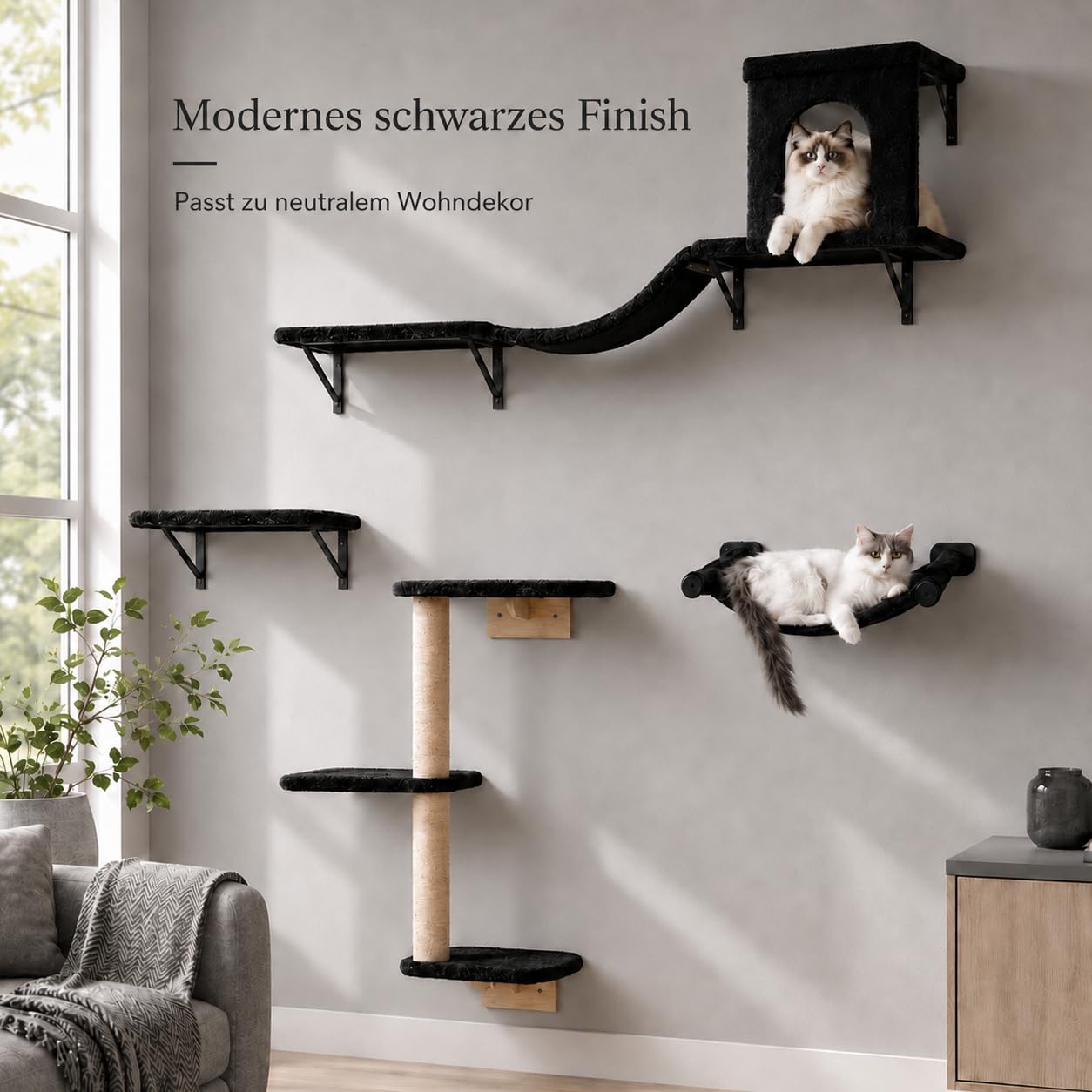 4-teiliges Katzen Wandmöbel Set, Hängematte mit Kratzsäule | Katzen Wandmöbel, mit Hängematte, Katzenbrücke, Liegefläche und Sisal Kratzsäule, stabile Wandmontage, belastbar 13,6kg