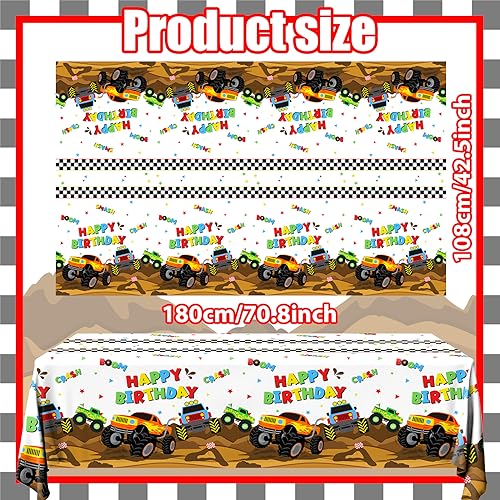 Image of Monster Truck Tablecloth - 3 Pcs Disposable Machine Table Cover, Checkered Tablecloth for Monster Truck Birthday Party Decorations