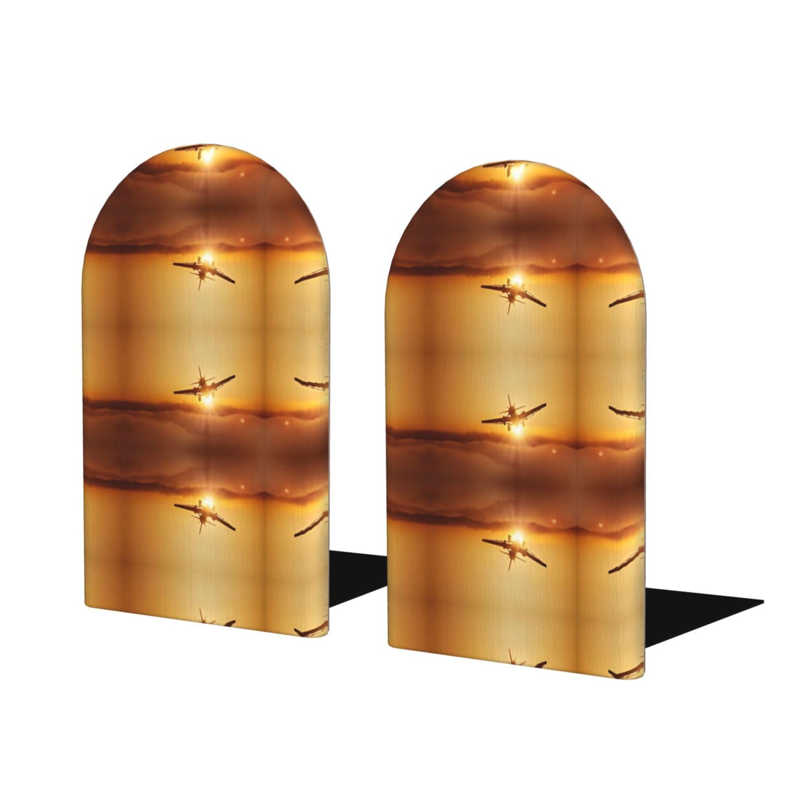 Aircraft Plane at Sunset Stylish Bookends with Full-Print Design Durable Wooden and Metal Bookend Set for Home, Office