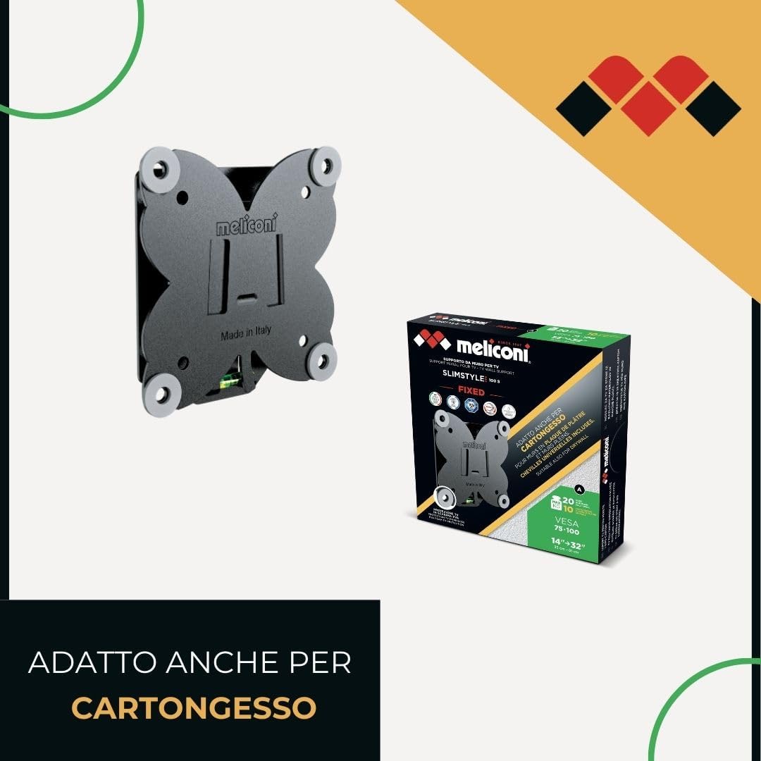 Slimstyle Plus 100 S Meliconi Fixed TV Wall Mount Also Suitable for Plasterboard TVs 14" to 32" Vesa 75-100 Made in Italy