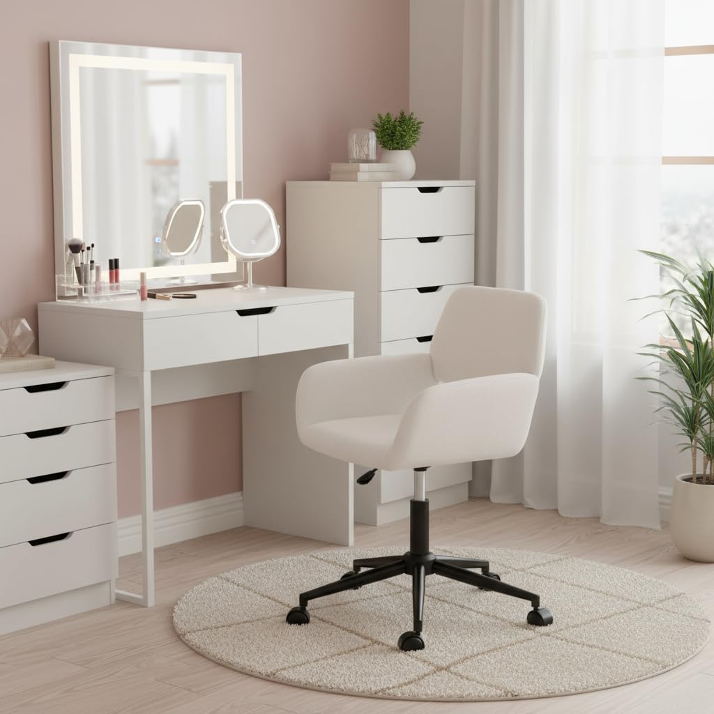 FurnitureR Sedia da trucco girevole, seduta da camera regolabile in altezza, seduta cava ampia e traspirante, sedia da vestire girevole a 360°, tessuto beige moderno, 56 x 55 x 75-85 cm