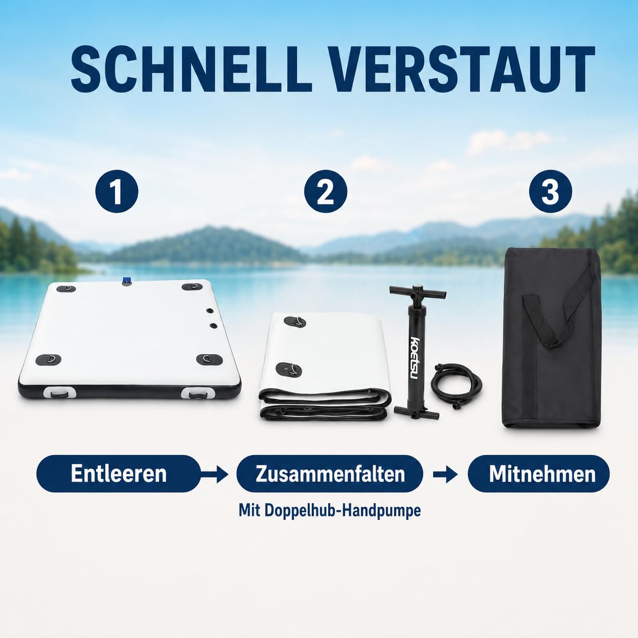 Aufblasbare Badeplattform 2x1,5m, Aufblasbare Dock mit Luftpumpen 400kg Tragkraft Schwimmplattform mit Paddel & Tasche, stabiles Schwimmdock für Angeln, See & Wassersport