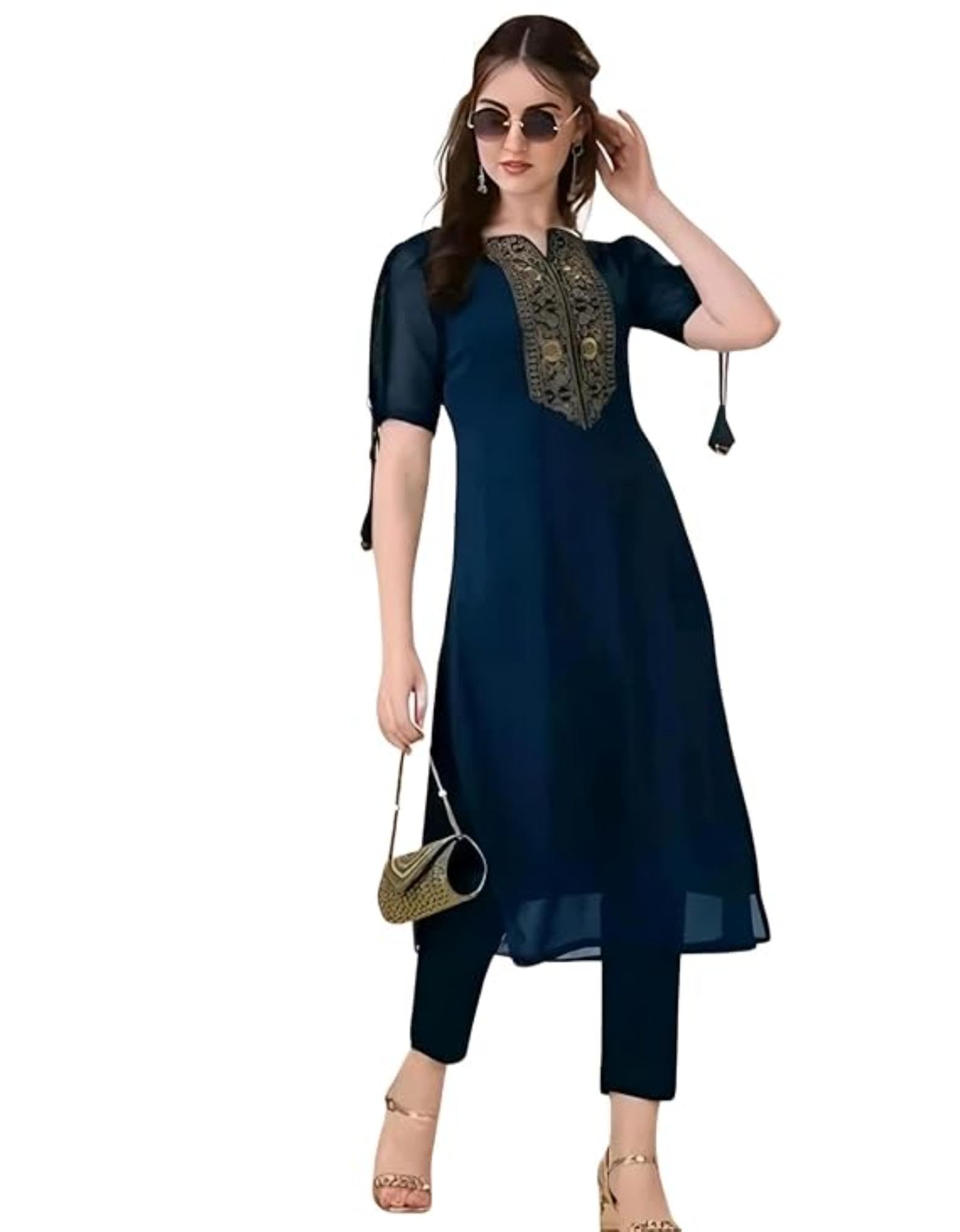 anviqaa Womens Art Silk Half Sleeves Round Neck Kurti with Pant Featuring Floral Design On The Neckline and Tie-Up Ribbon Design On The Cuffs 2-Piece Ethnic Wear-picture-22