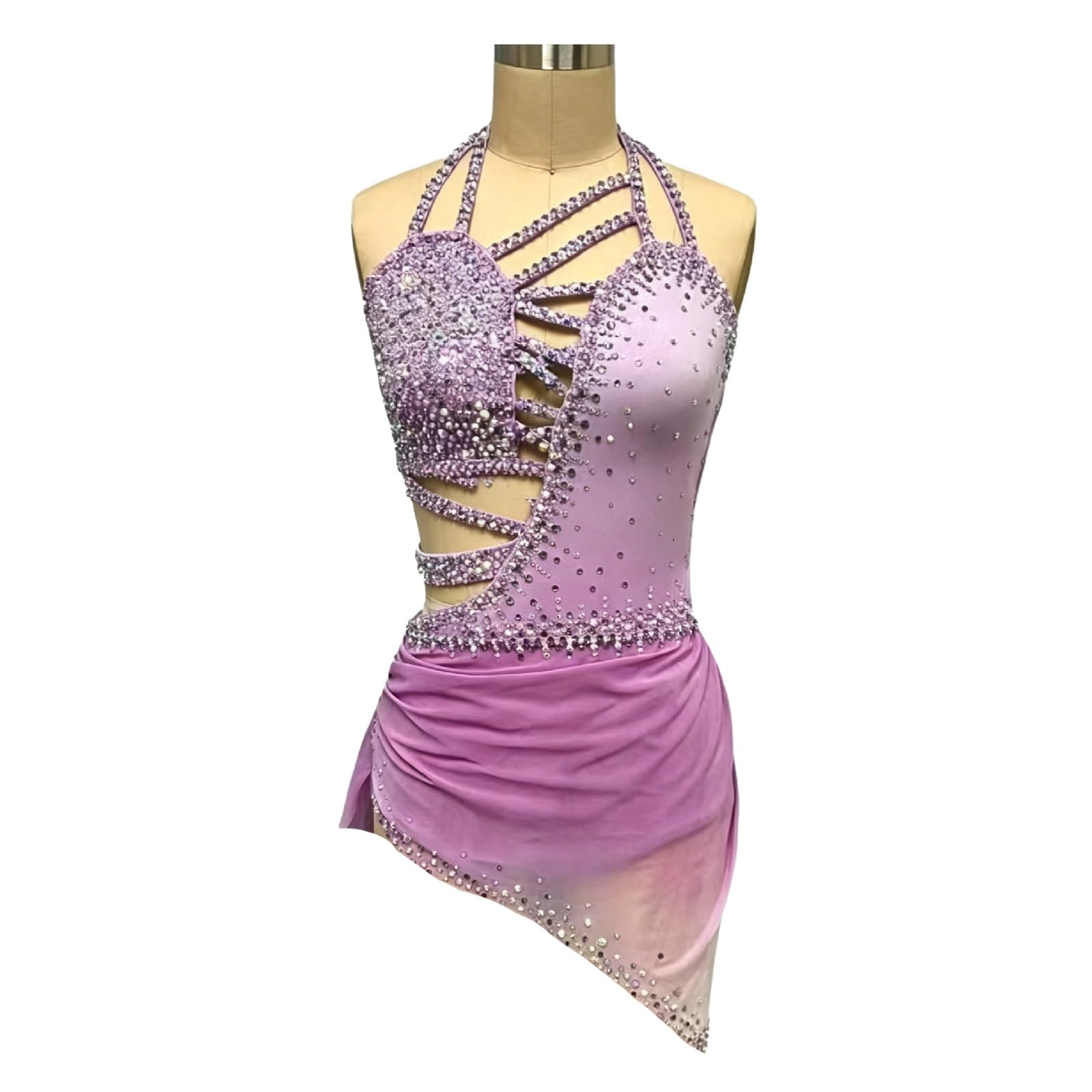 Vestidos De Baile Lírico For Niñas Con Top Halter Con Diamantes De Imitación, Ropa De Baile Con Espalda Abierta, Falda Fluida Asimétrica