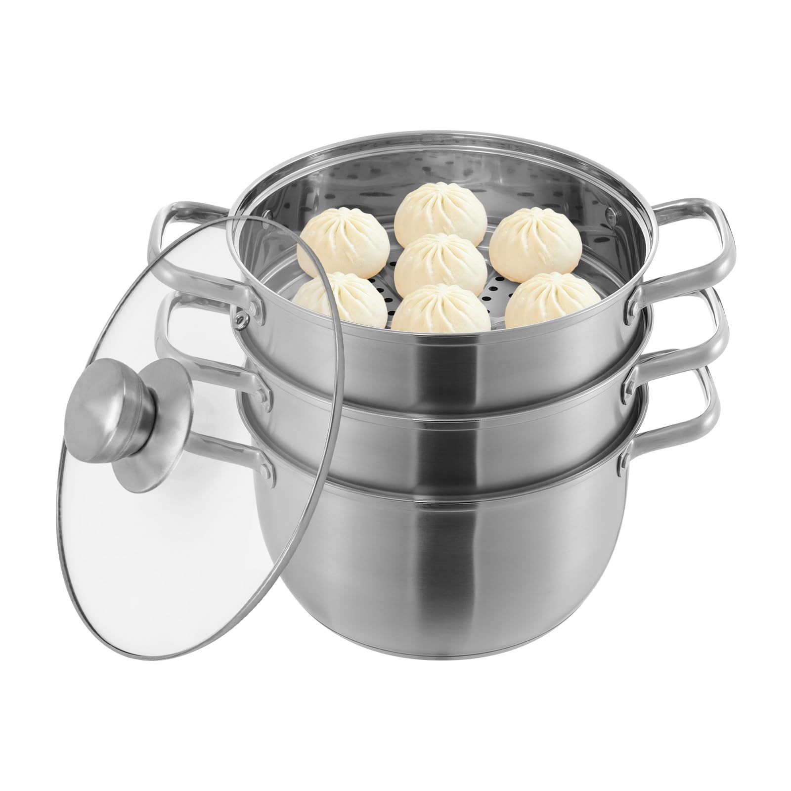 Gardampfkochtopf 3 Etagen Mantowarka Dampfkocher aus Edelstahl, 24cm Dampfgarer Topf Multifunktionale Dampfeinsätzen Kartoffeldämpfer Dampfgartopf Dampfgarer Kochtopf mit 2 Dämpfschalen