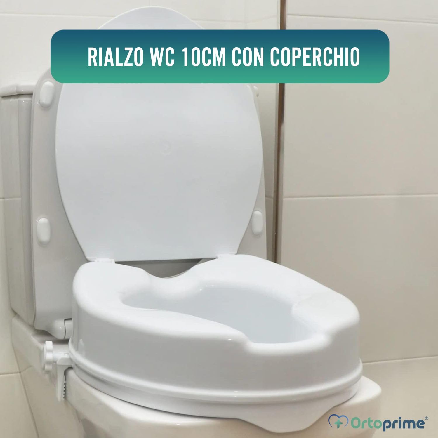 OrtoPrime Rialzo WC per Disabili con Coperchio - Altezza 10 cm - Alzawater Ortopedico con Sistema di Fissaggio Laterale di Sicurezza - Rialzo water Universale Regolabile